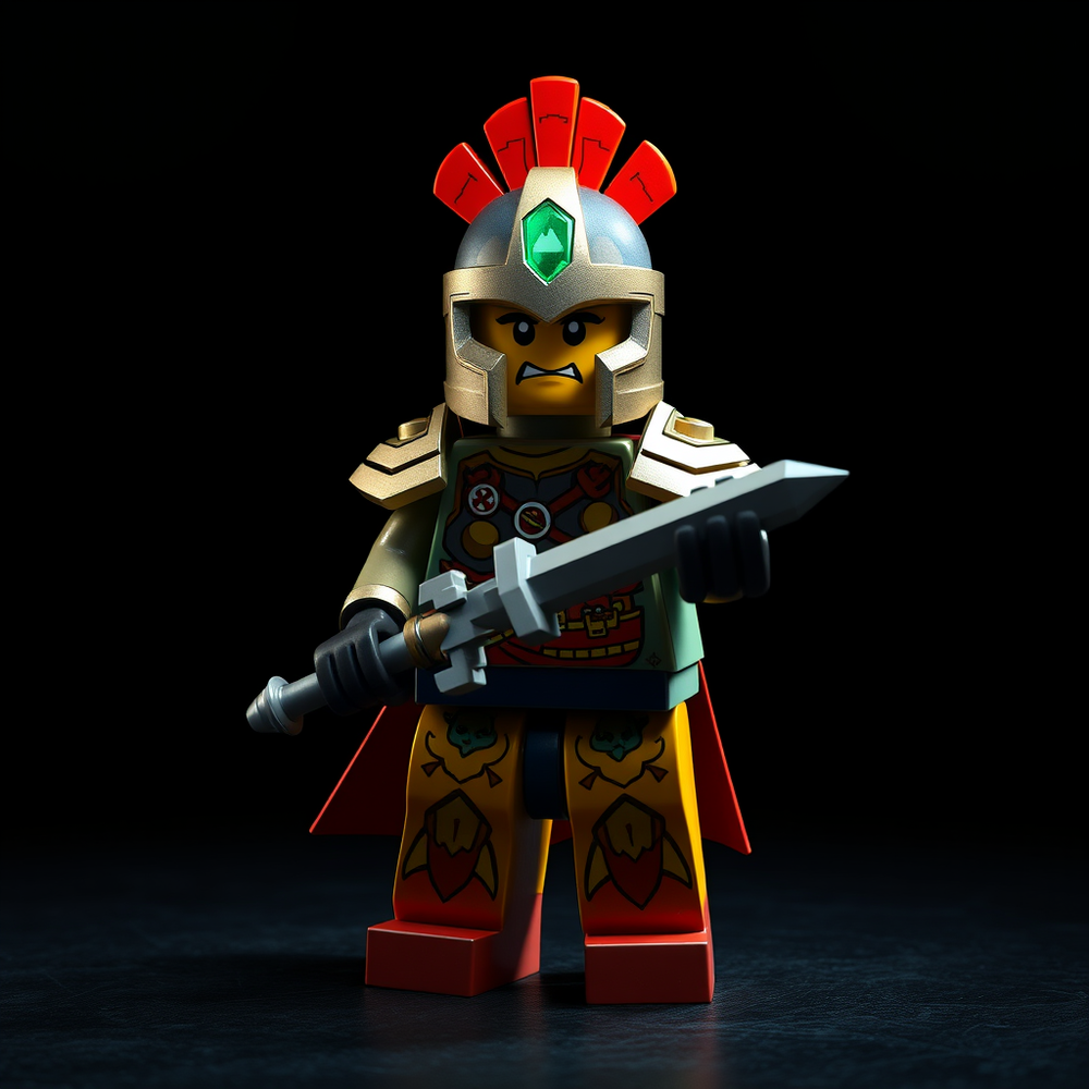 3d lego warrior nft chaarcter in the shadow backgroubd in same posistion website