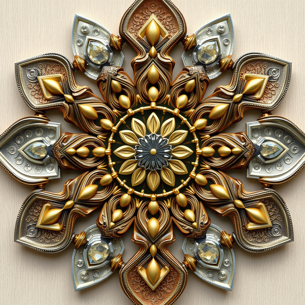 3D mandala and 3D pattern in the form of coin&iron&wood&glass&water (gold) website