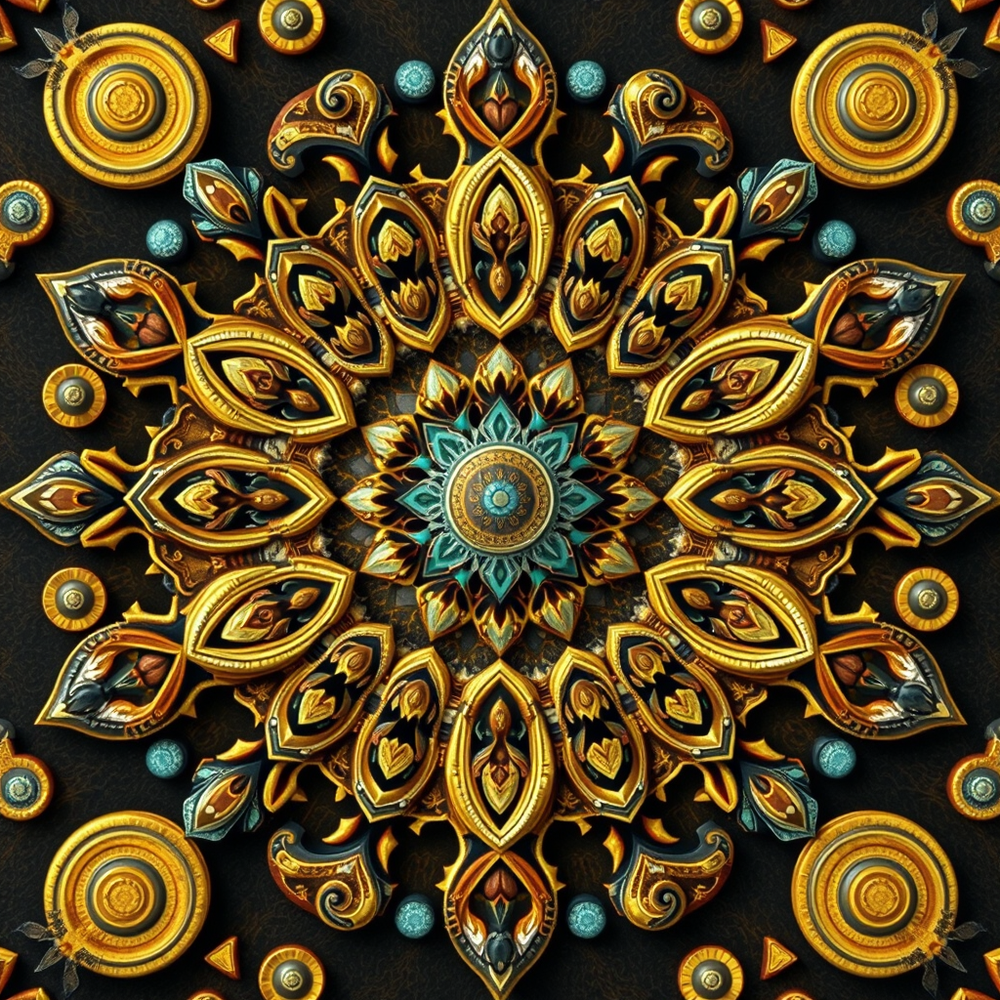 3D mandala and 3D pattern in the form of coin&iron&wood&glass&water (watercolor-gold-charcoal) website