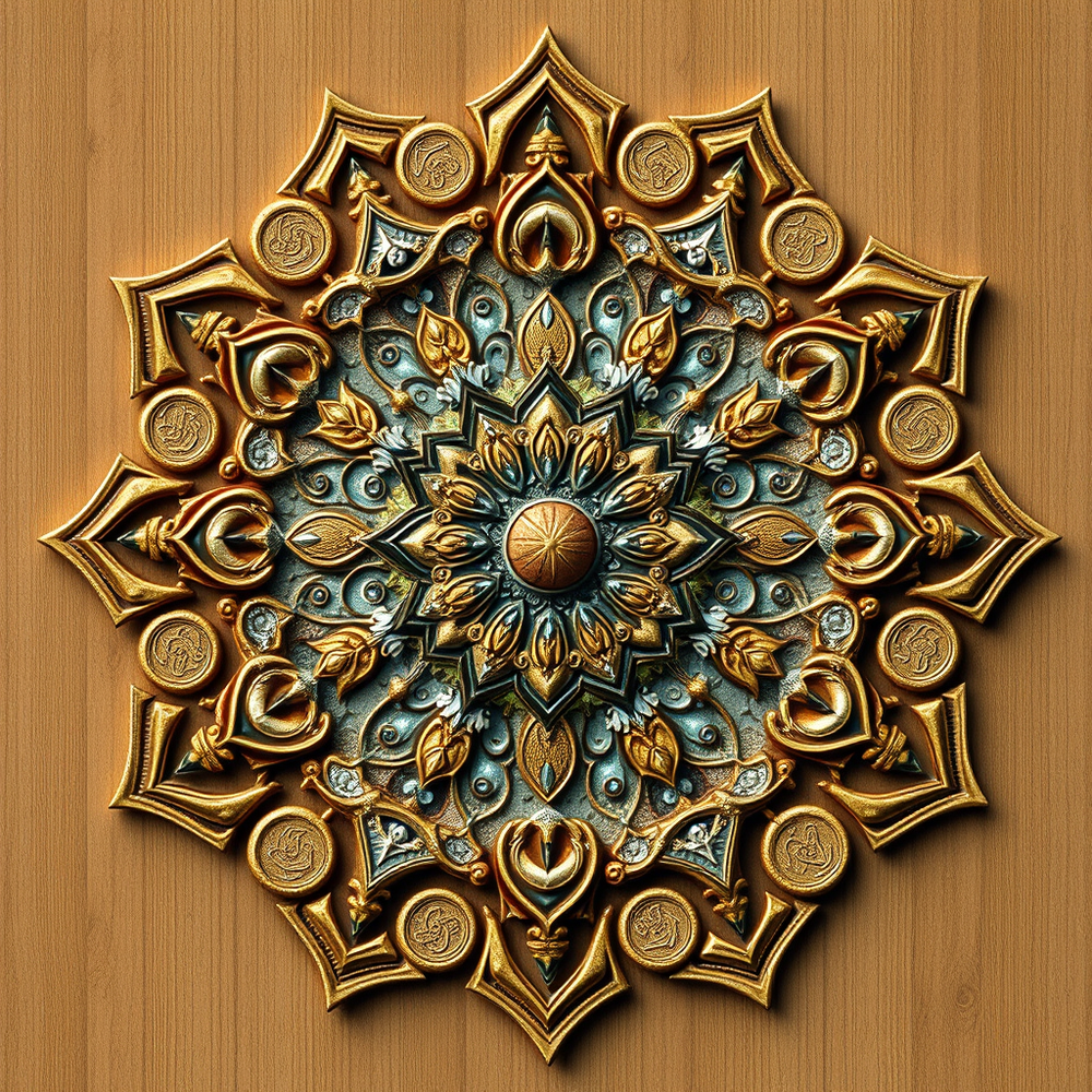3D mandala and 3D pattern in the form of coin&iron&wood&glass&water (watercolor-gold) website