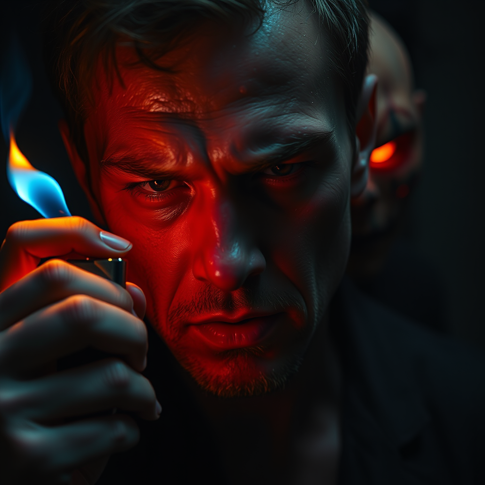 A cinematic portrait holding a lit lighter website