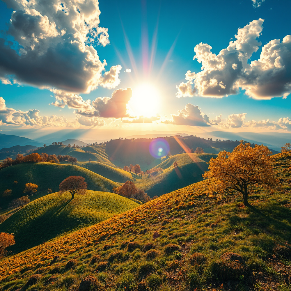 A dreamlike landscape with intense HDR and a sun flare. website