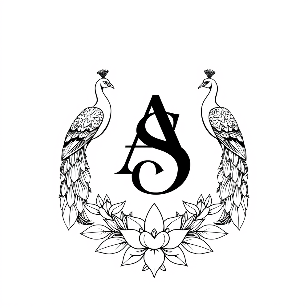 A regal and highly detailed line art illustration of a symmetrical monogram featuring interlocking letters "A" and "S." The design is flanked by two majestic peacocks facing inward, with an ornate wreath of lotus flowers and leaves at the base. Include a website