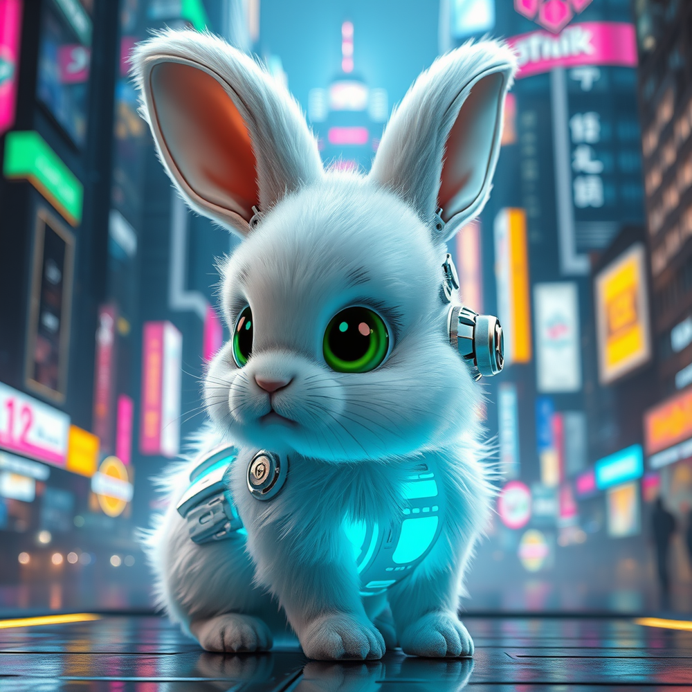 Adorable Cybernetic in a Futuristic Neon Cityscape website