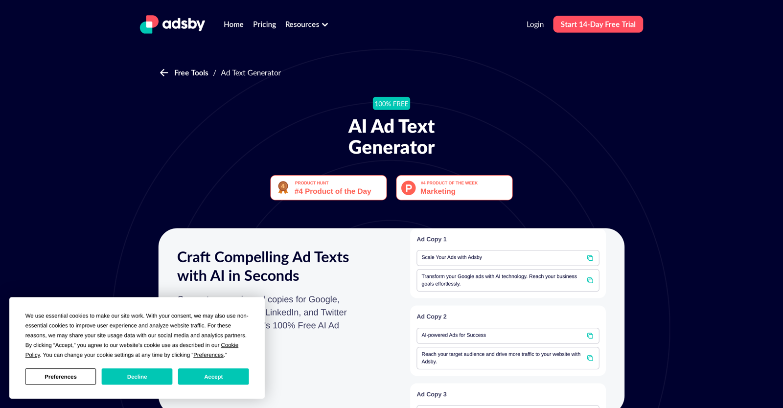 Adsby's Free AI Ad Text Generator website