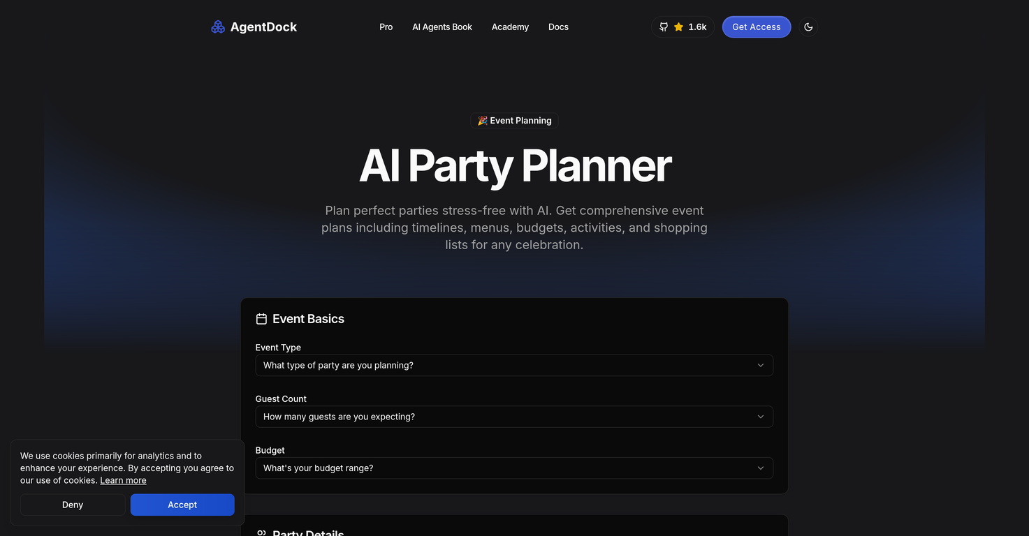 AgentDock - AI Party Planner website