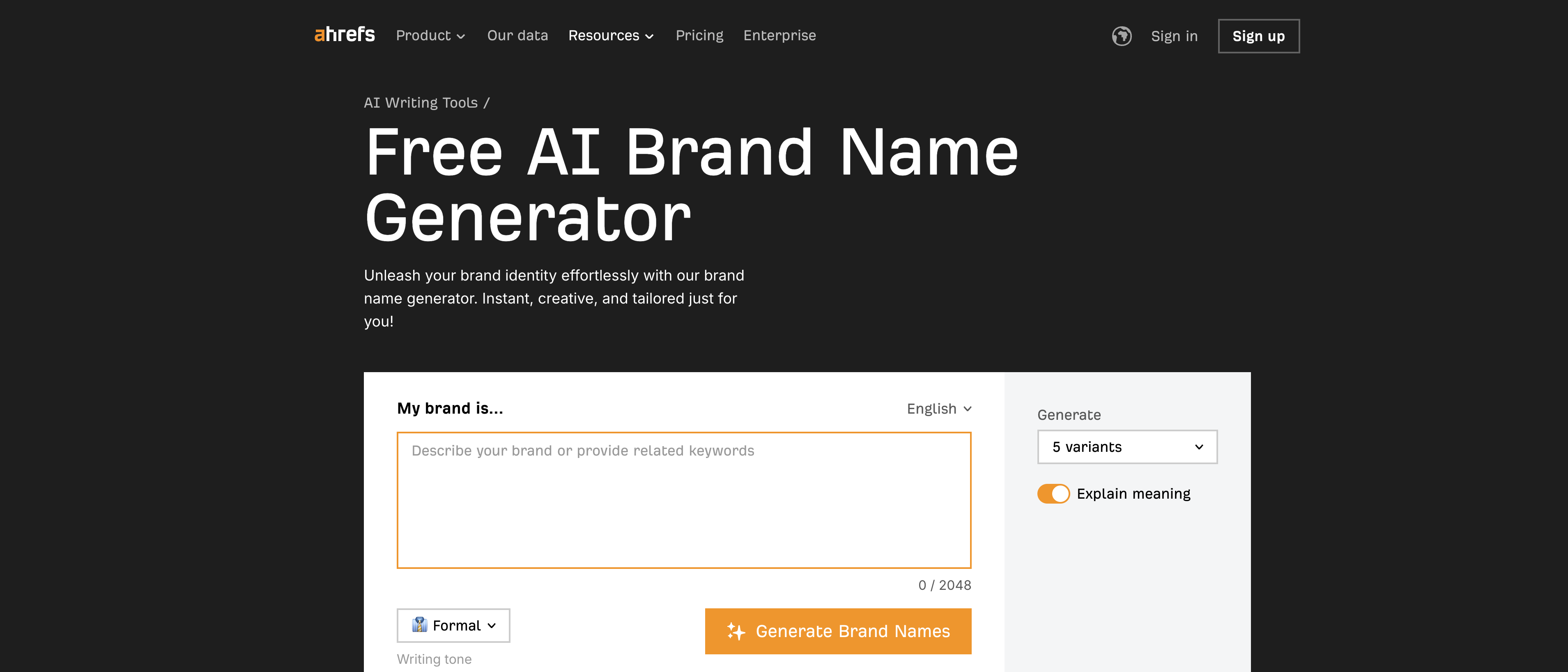 Ahrefs AI Brand Name Generator screenshot 1 Ahrefs AI Brand Name Generator screenshot 1