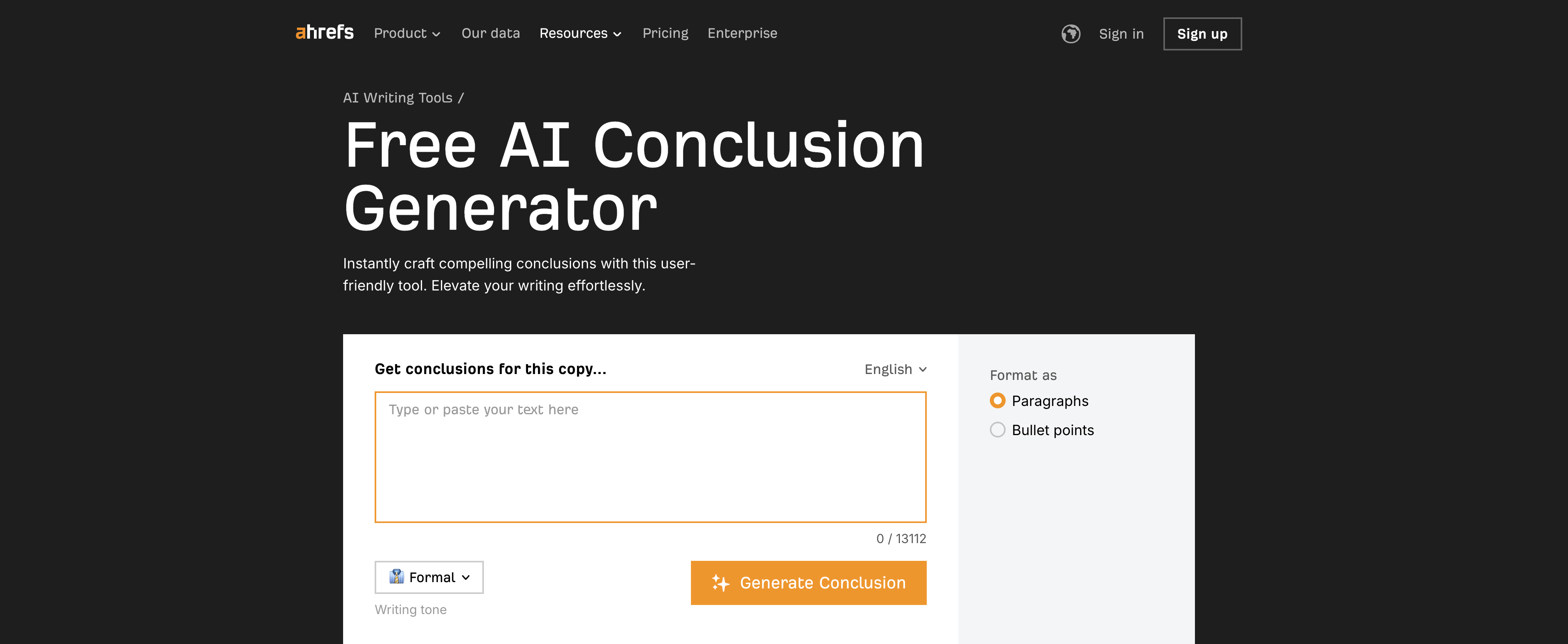 Text Conclusion Maker Ahrefs AI Conclusion Generator - Essay conclusions - TAAFT
