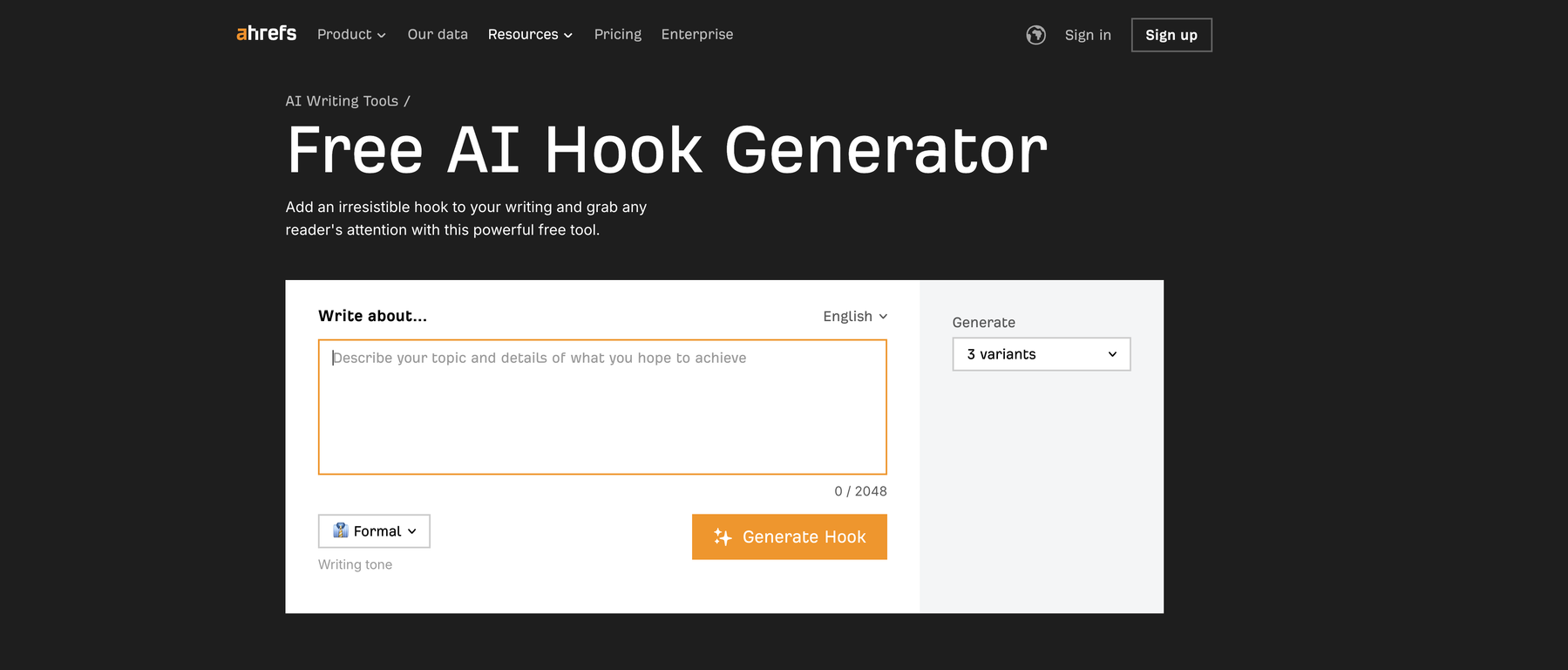 Ahrefs AI Hook Generator website