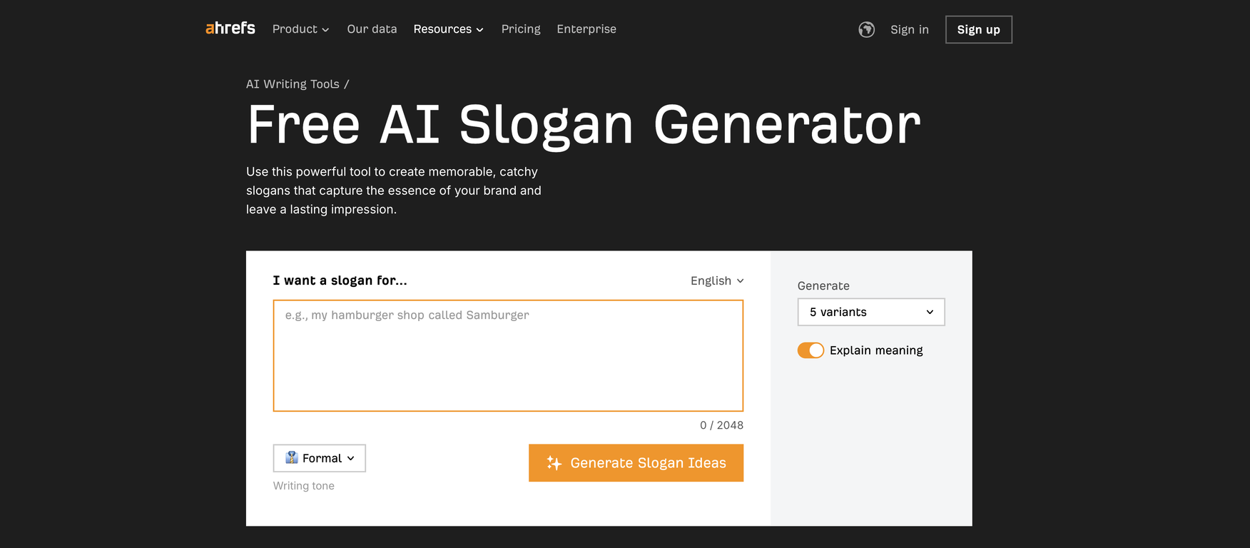 Ahrefs AI Slogan Generator website