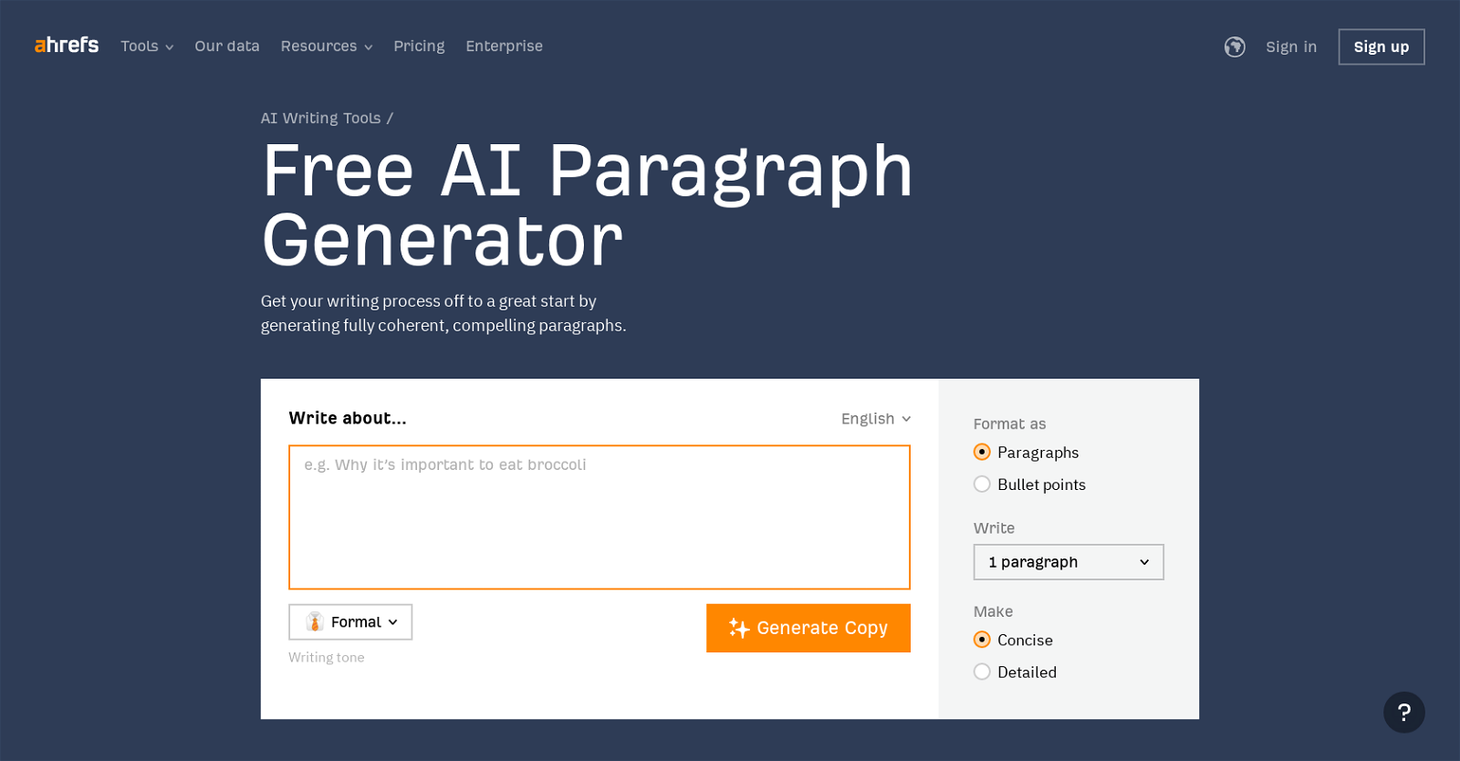 Ahrefs Paragraph Generator website