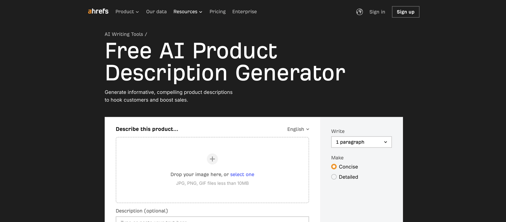 Ahrefs Product Description Generator website