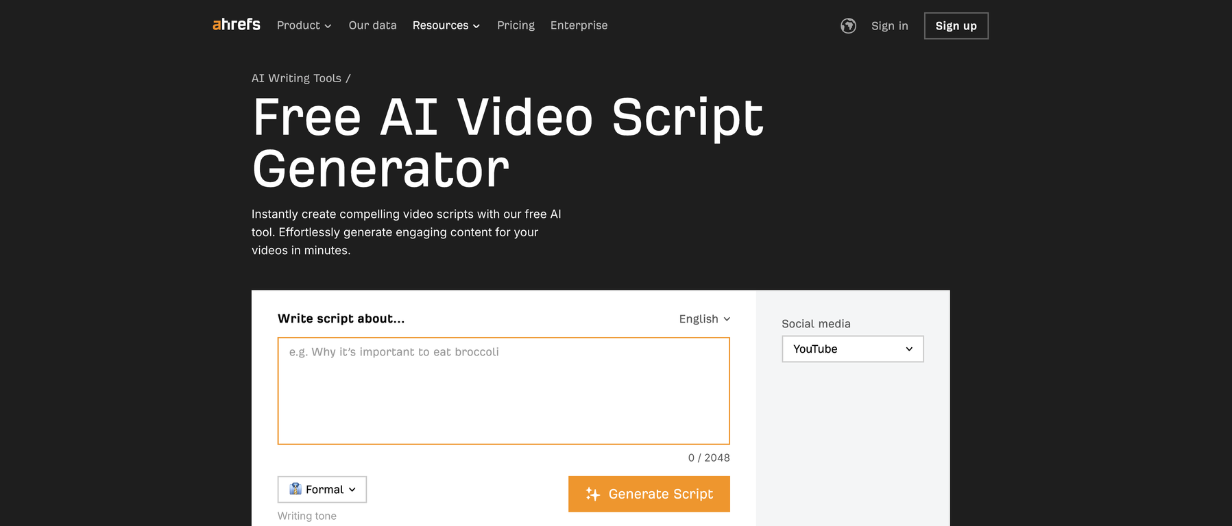 Ahrefs Video Script Generator website