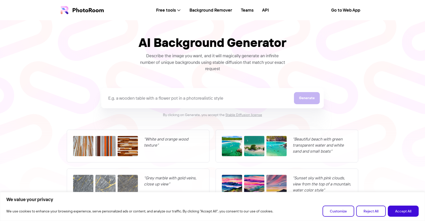 AI Background Generator by PhotoRoom website