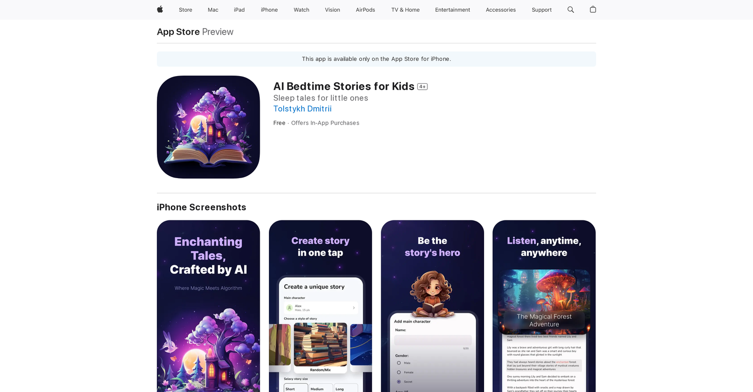 AI Bedtime Stories for Kids website