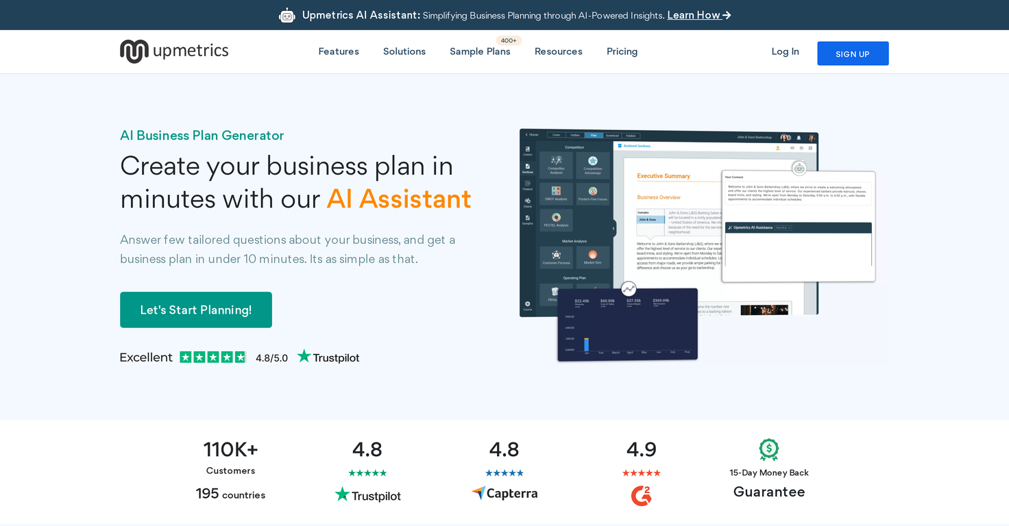 AI Business Plan Generator by Upmetrics website