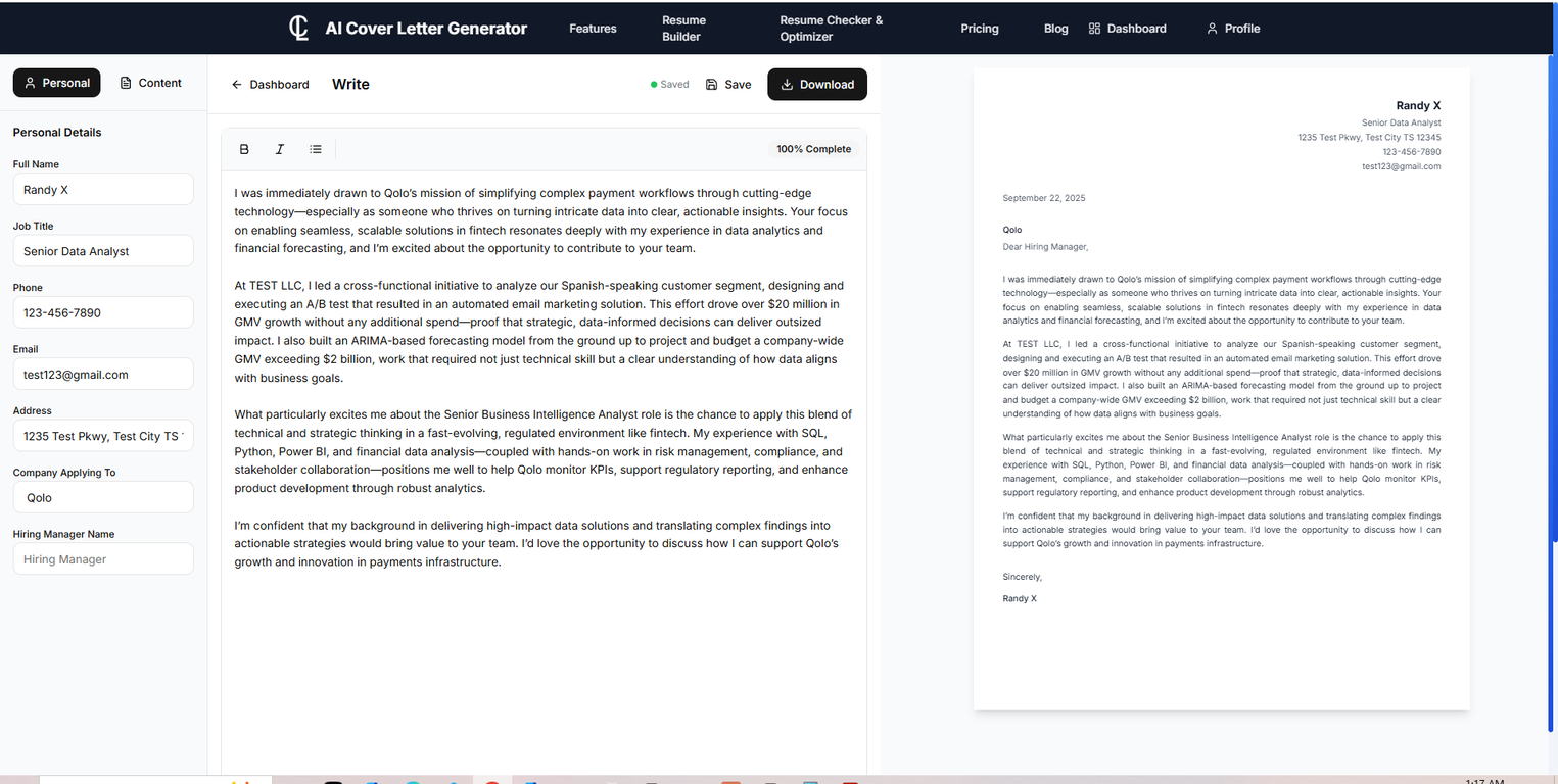 AI Cover Letter Generator website