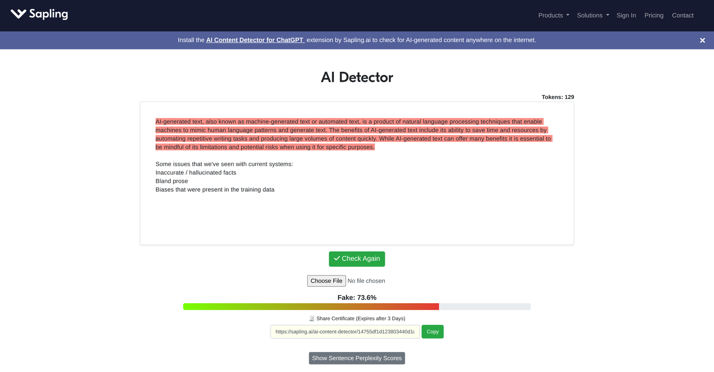 AI Detector by Sapling website