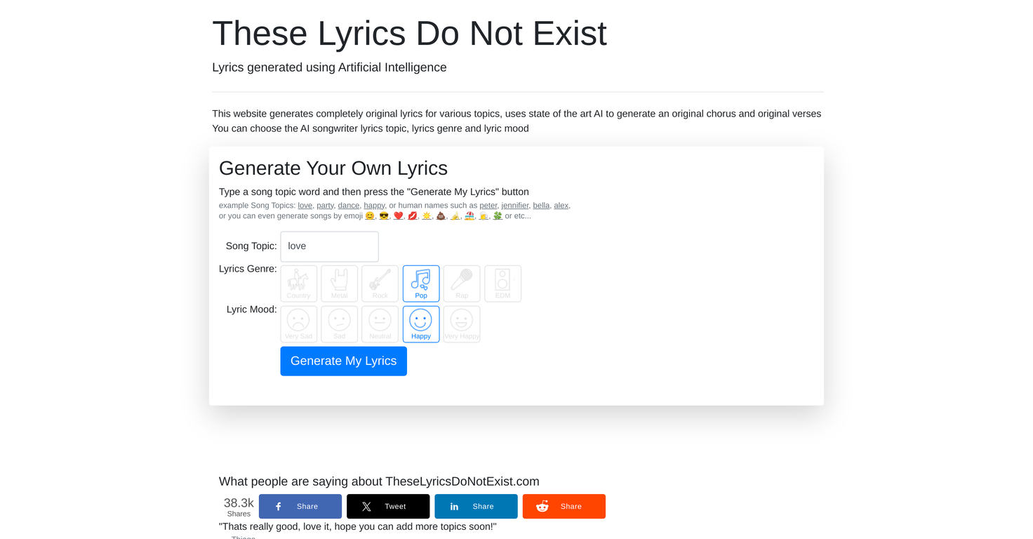 AI Lyrics Generator website