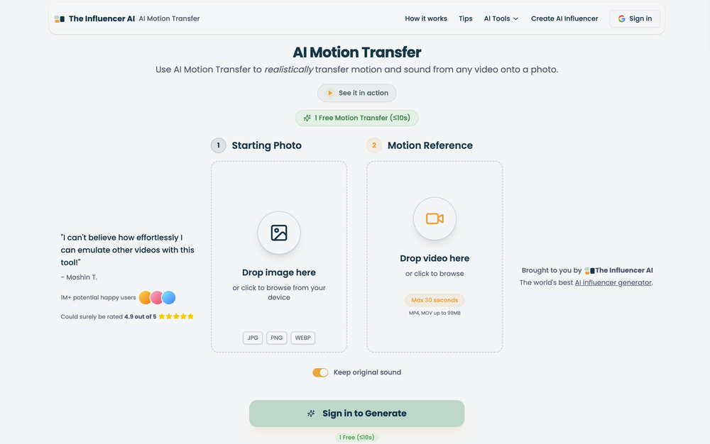 AI Motion Transfer by The Influencer AI website