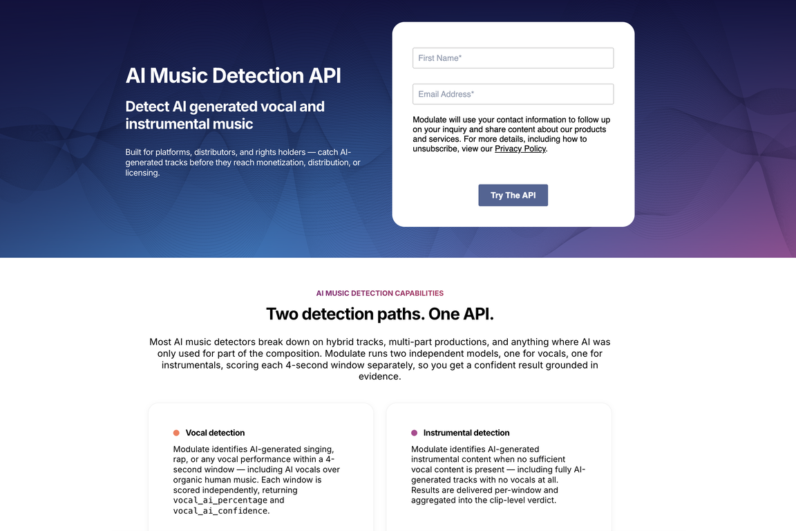 AI Music Detection API by Modulate website