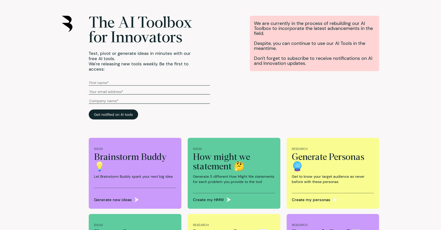 AI Toolbox for innovators website