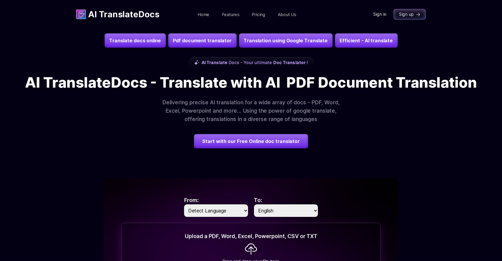 AI TranslateDocs website