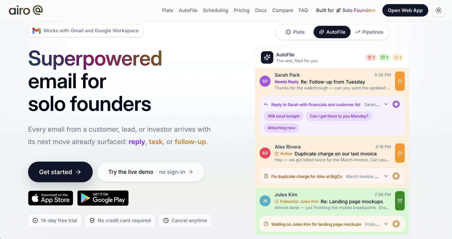 Airo Mail - Superpowered Email for Solo Founders website