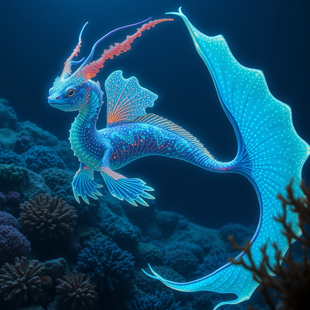 An underwater creature with bioluminescent markings and a finned tail. website