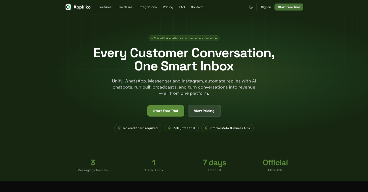 Appkiko - One Inbox for WhatsApp, Messenger & Instagr... website