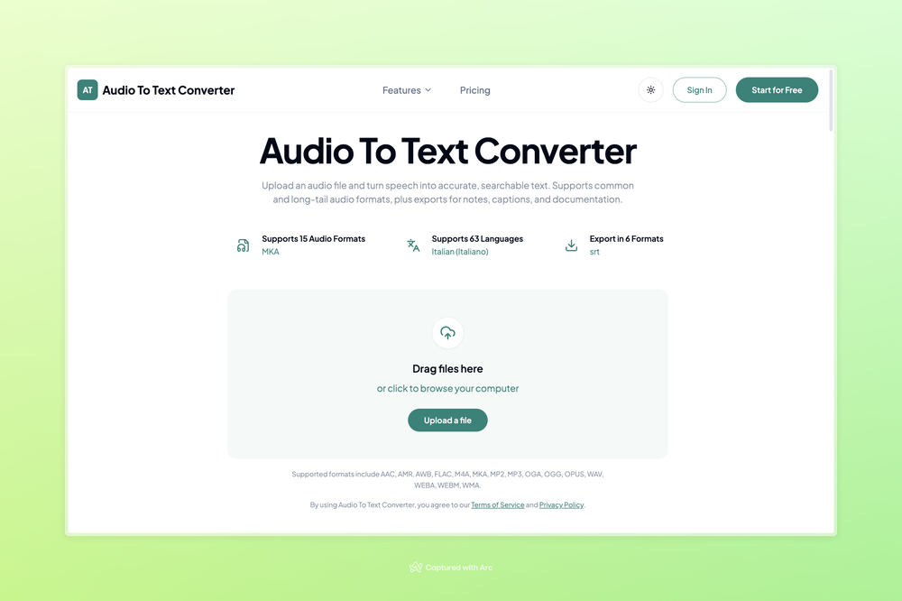 Audio To Text Converter.com website