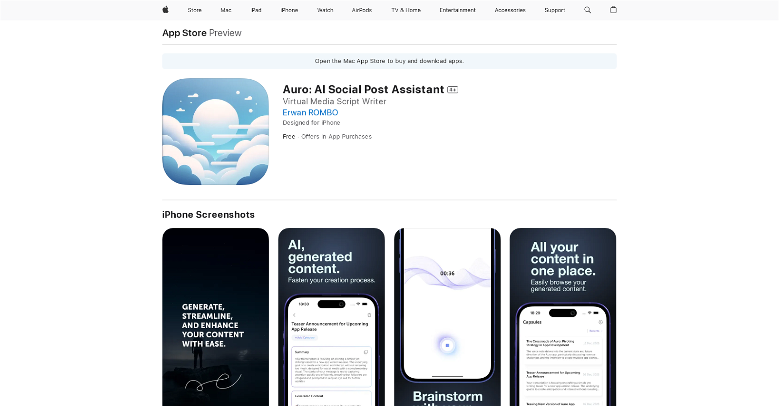 Auro: AI Social Post Assistant website