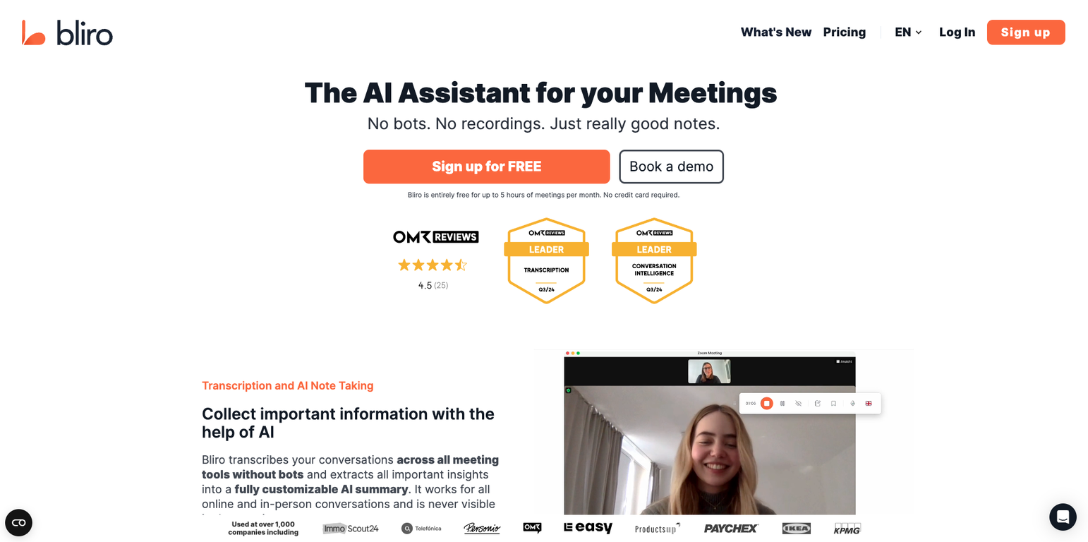 Bliro - Bot-free AI Meeting Assistant website