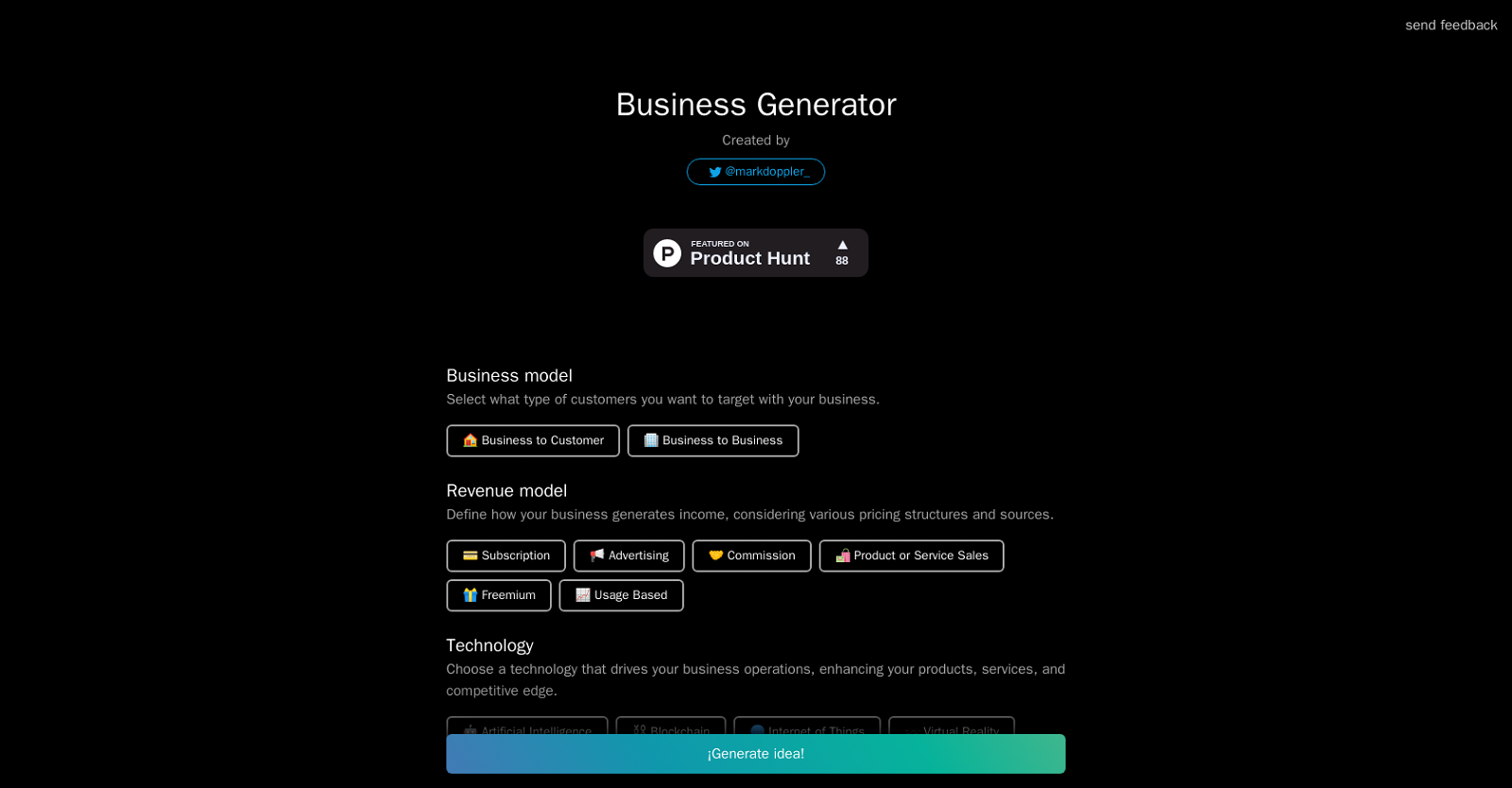 Business Idea Generator AI website