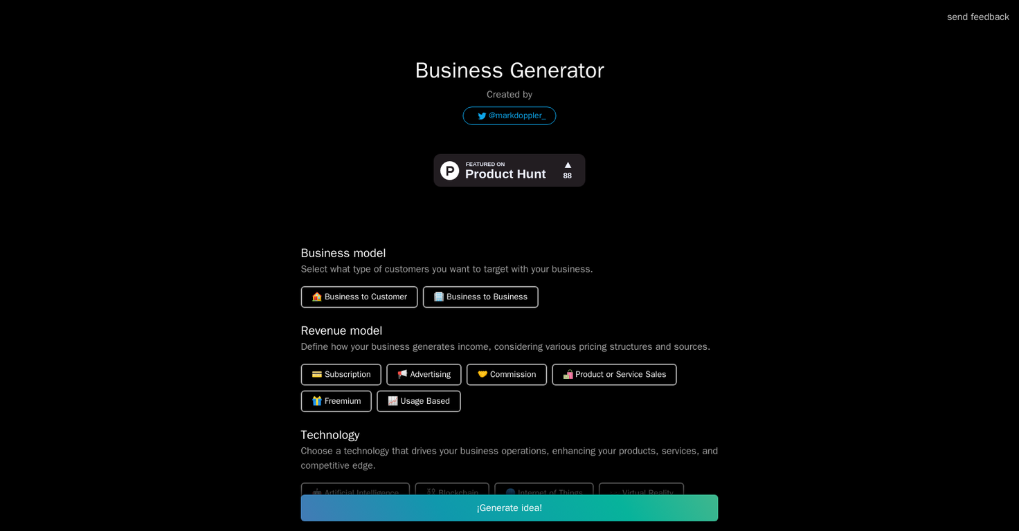 Business Idea Generator AI website