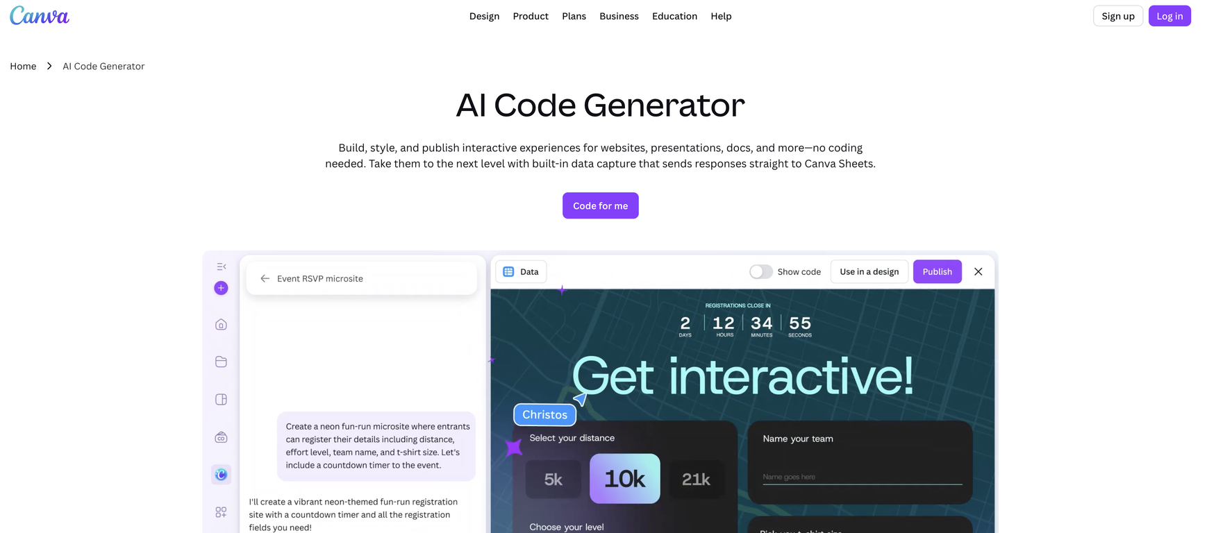 Canva AI Code Generator website