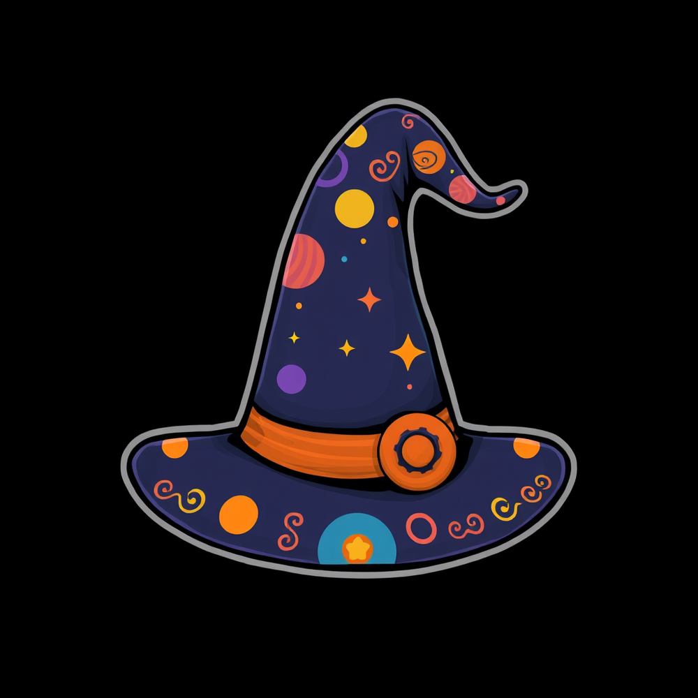 Cartoonic witch hat sticker in black background website