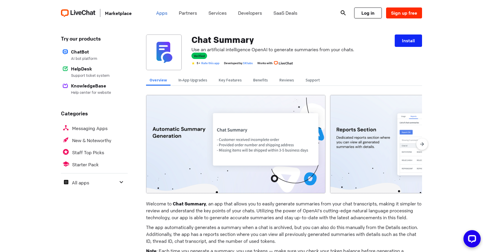 Chat Summary for LiveChat website