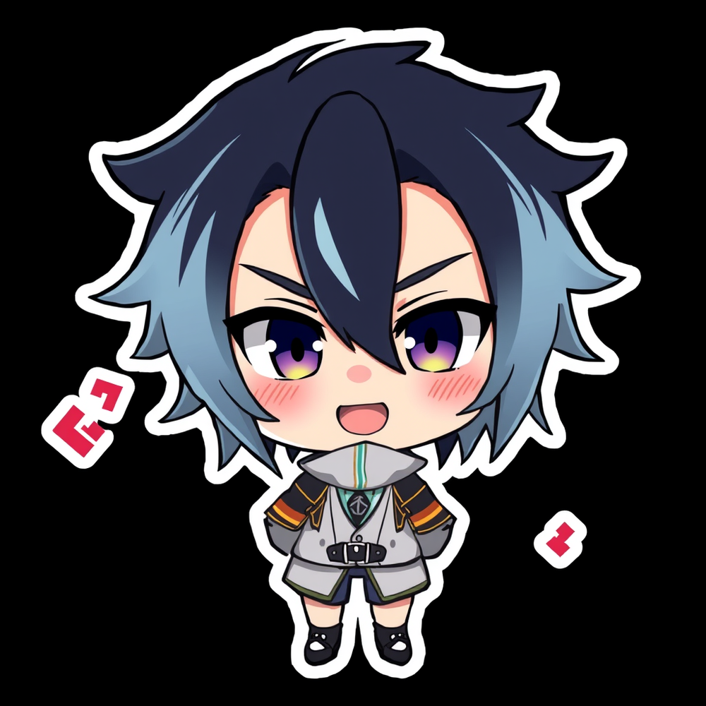 Chibi style gojo saturo sticker in black background website