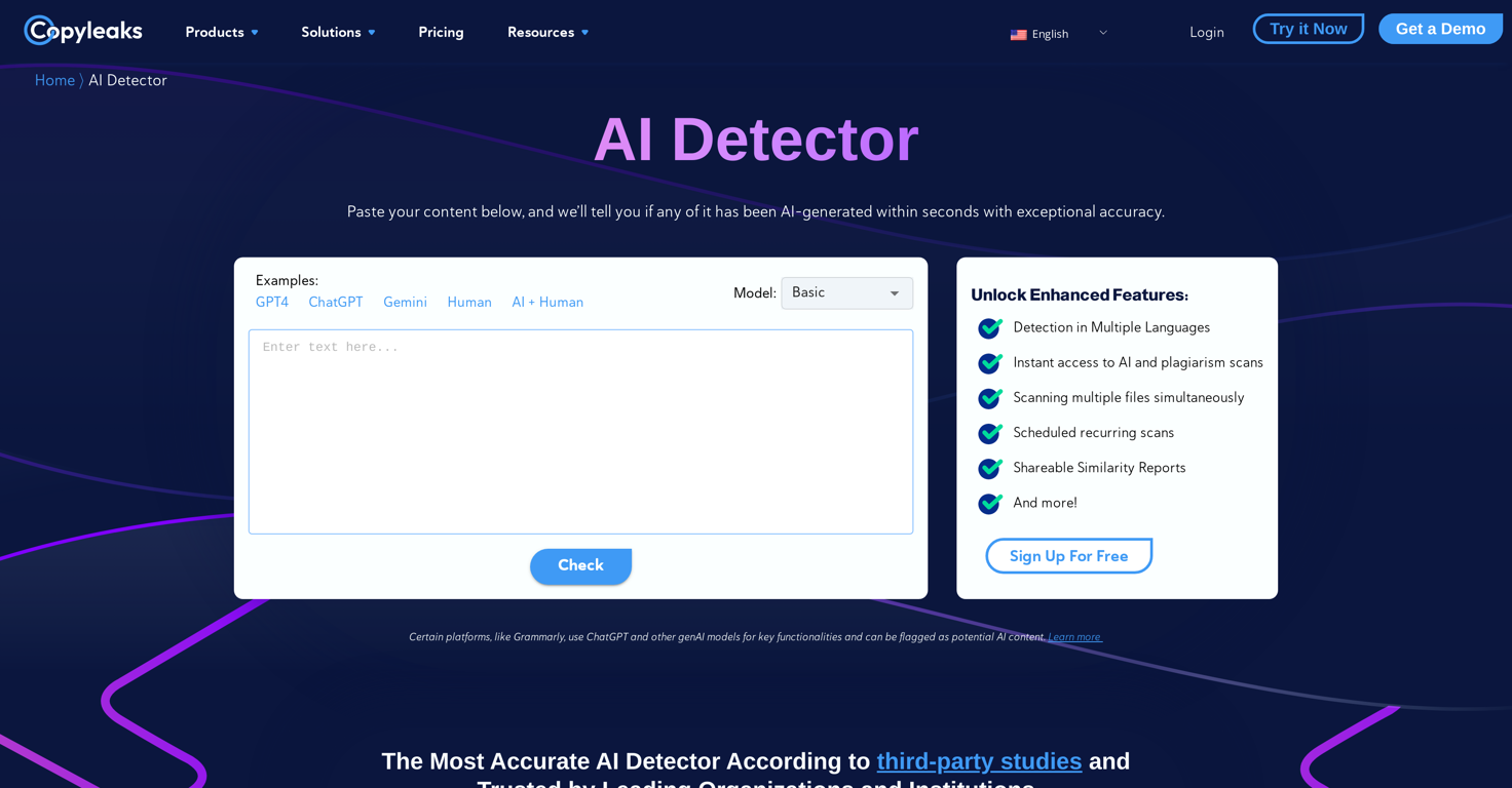 Copyleaks - AI content detector website
