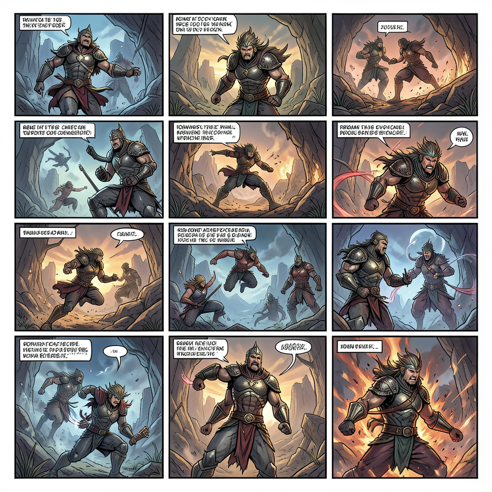 create 30 comic panel prompts with image in every panel for this create new Ashwatthama: The Cursed Warrior hero comic images website