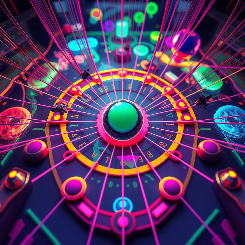 create new board themes for this game Orbweaver Mechanic: A ball rolls along elastic “web” threads you can tighten, loosen, or pluck to redirect it. Goal: Catch bonus bugs (tokens) as the orb passes them. Vibe: Pinball meets harp puzzle. website