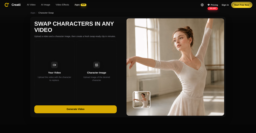 Video Character Swap | Creatii AI website