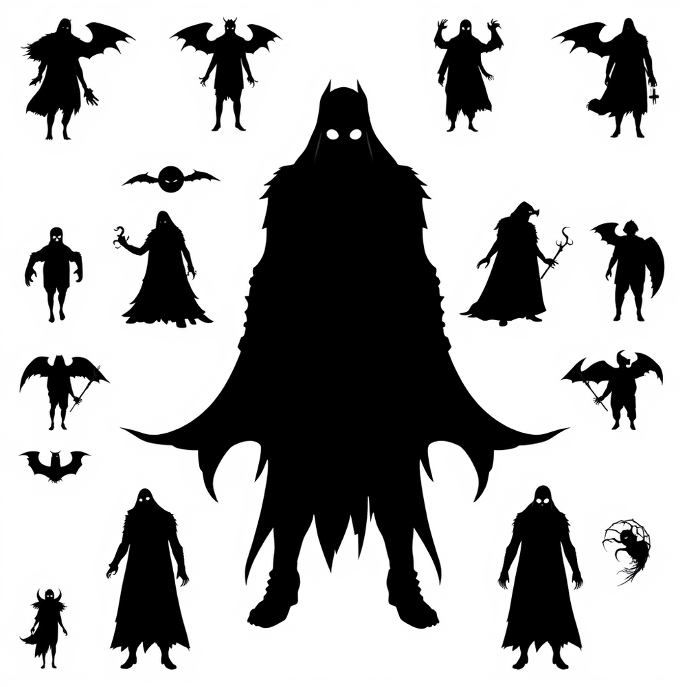 Creepy Silhouette - Ominous black shadows with eerie negative space flat icons set generator website