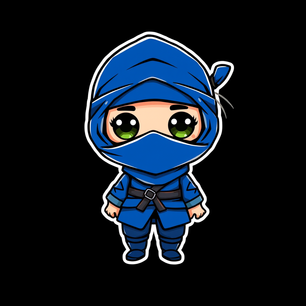 Cute kawaii chibi style blue ninja sticker in black background website