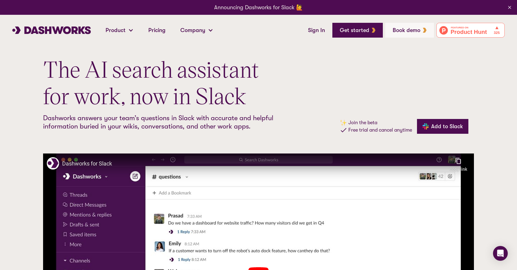 Dashworks for Slack website