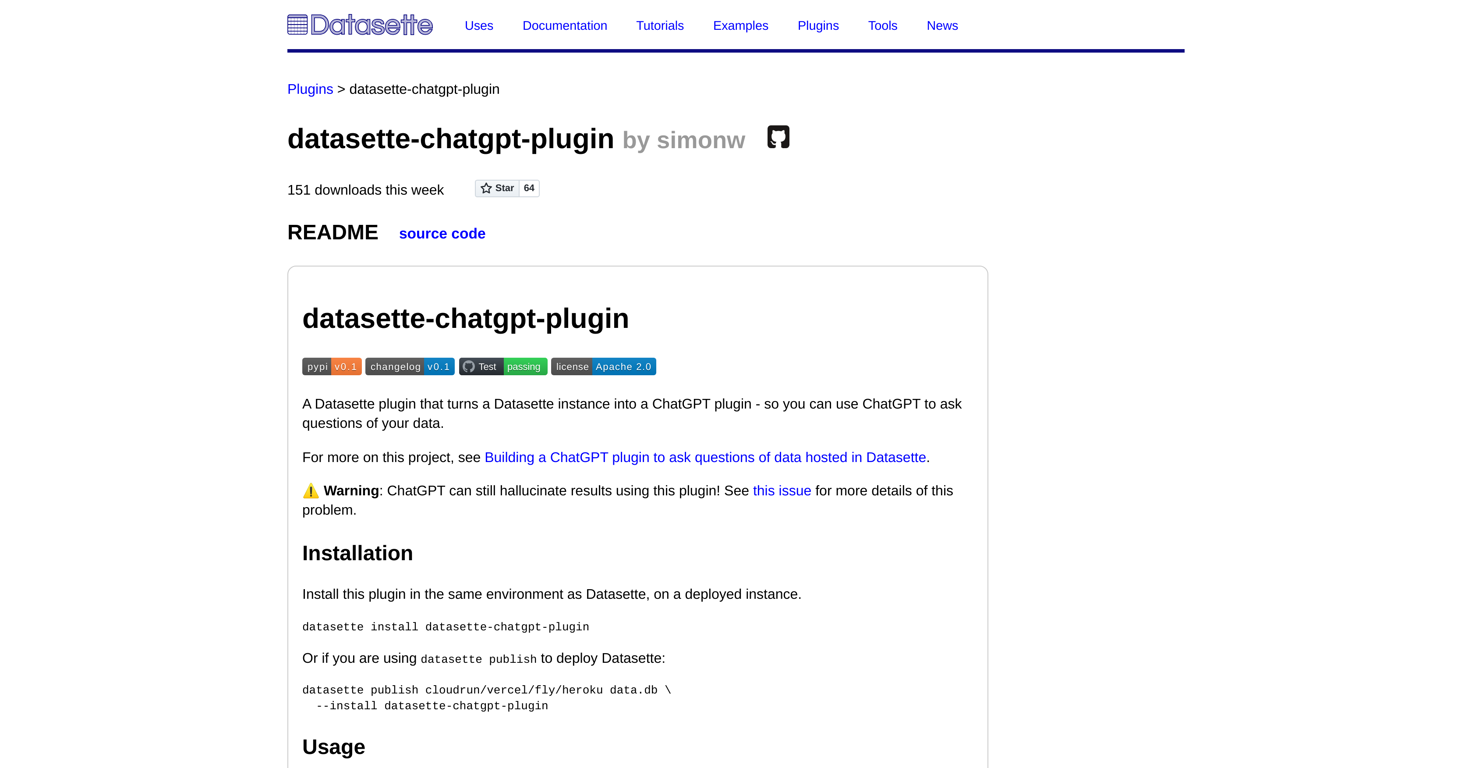 Datasette ChatGPT plugin website