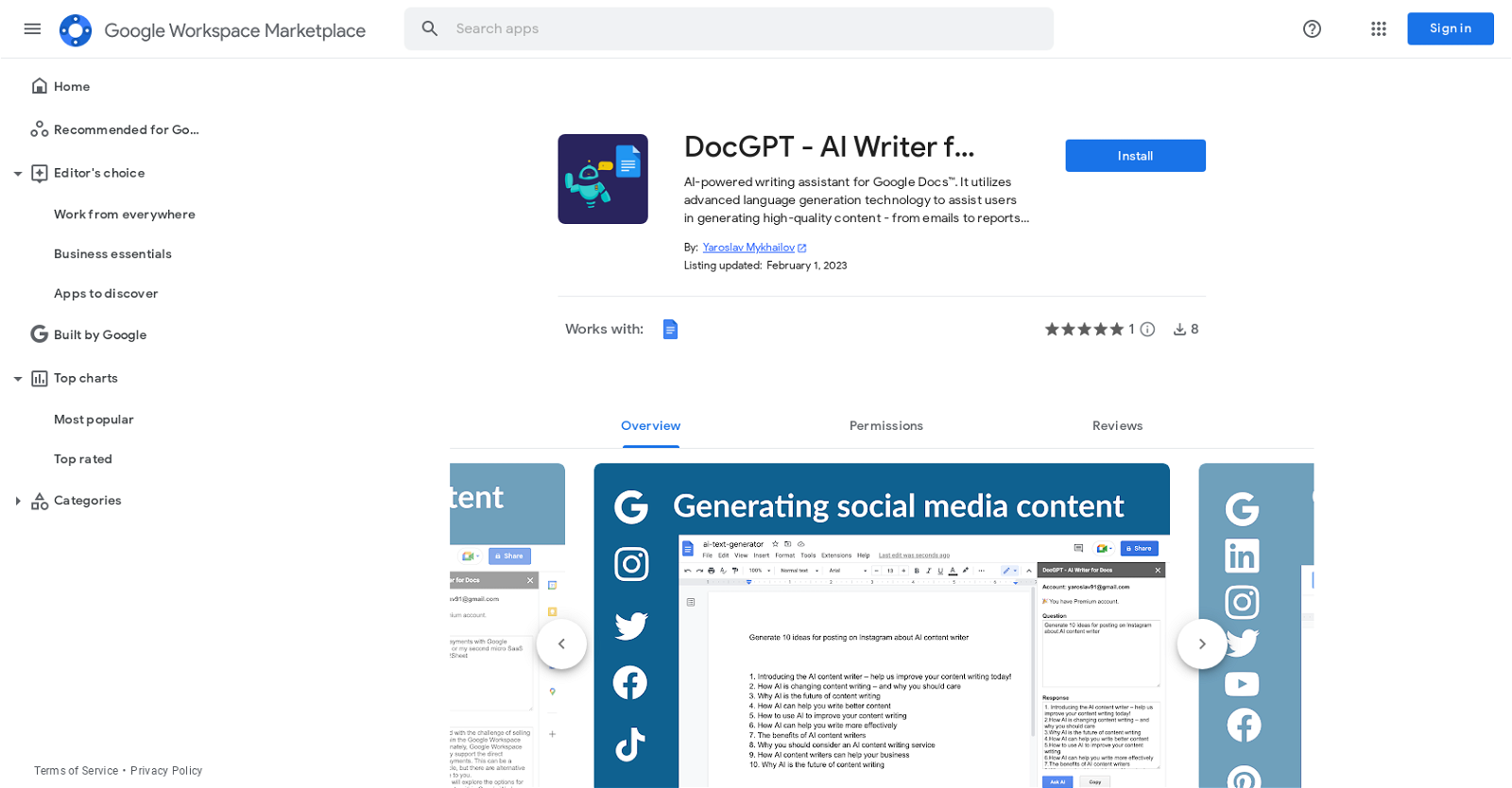 DocGPT AI Writer for Docs website