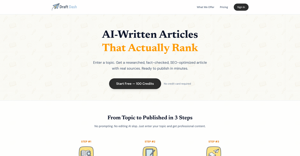 Draft Dash - AI Article Writer with Real Sources website