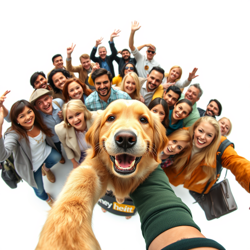 dynamic group selfie featuring website